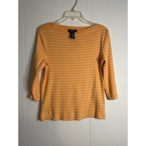 Lauren Ralph Lauren Women's Orange White Stripe Ribbed 3/4 Sleeve Top‎ Size L